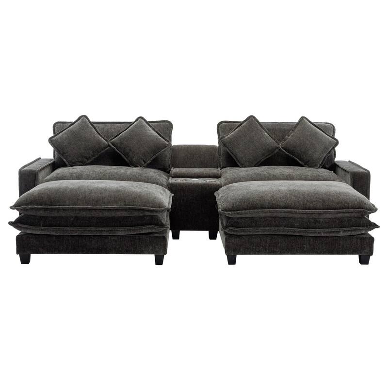 112.6 "Chenille Upholstered Sofa, Two Removable Ottomans, Two USB Ports