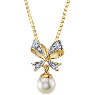 Oravo 14k Yellow Gold Freshwater Pearl Bow Tie Dangle Pendant Necklace