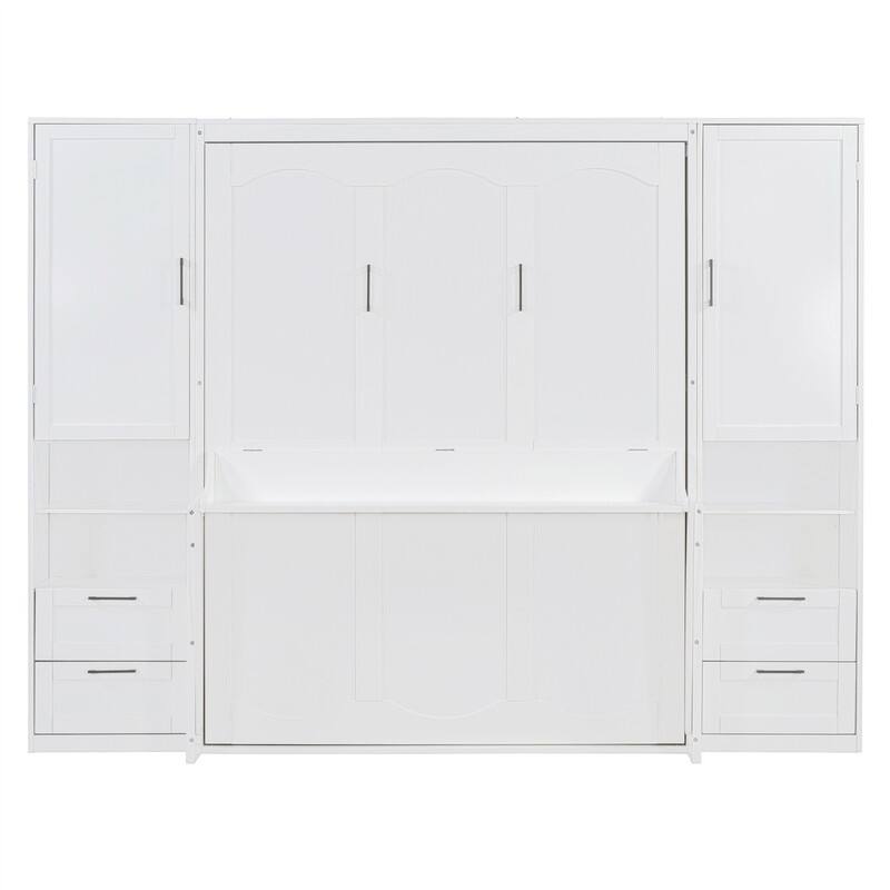 Queen Size Murphy Bed Wall Bed with 2 Wardrobes and 4 Storage Drawers, Foldable Murphy Cabinet Bed w/Open Storage Shelves& Stool