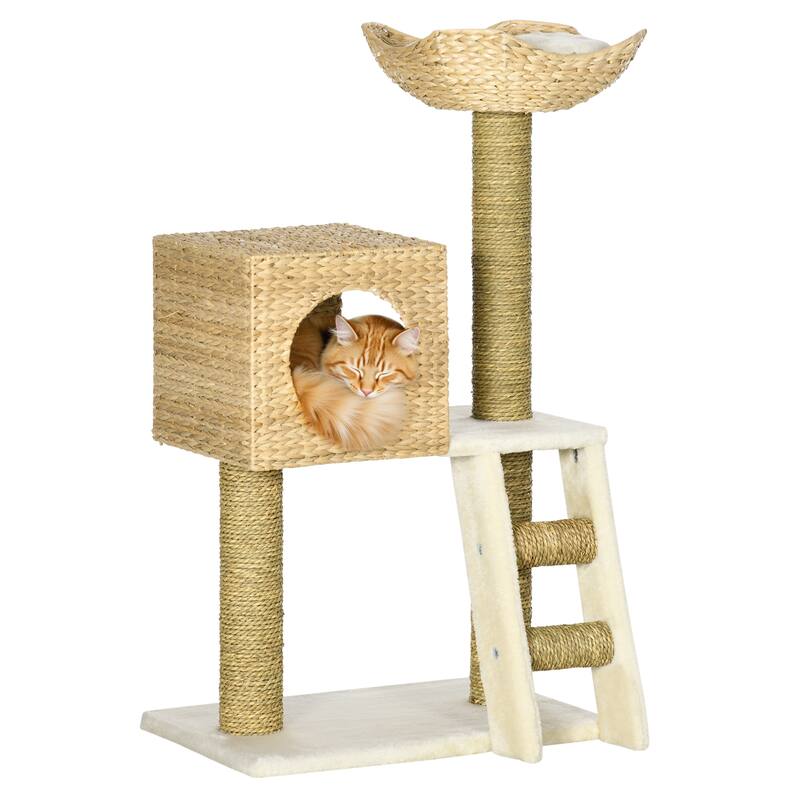 PawHut Cattail Weave Cat Tree for Indoor Cats Kitty Tower with Rattan Cat Condo, Wicker Bed, Ladder, Washable Cushions