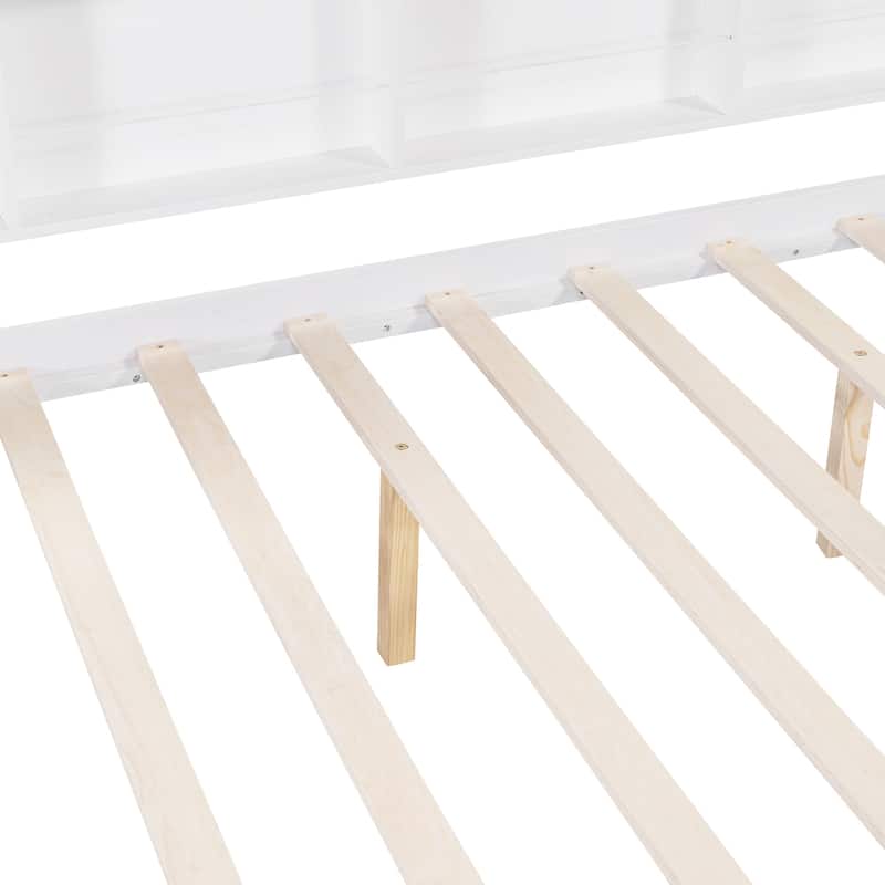 White Full Pine Wood House Platform Bed Frame with Trundle & Storage Shelf