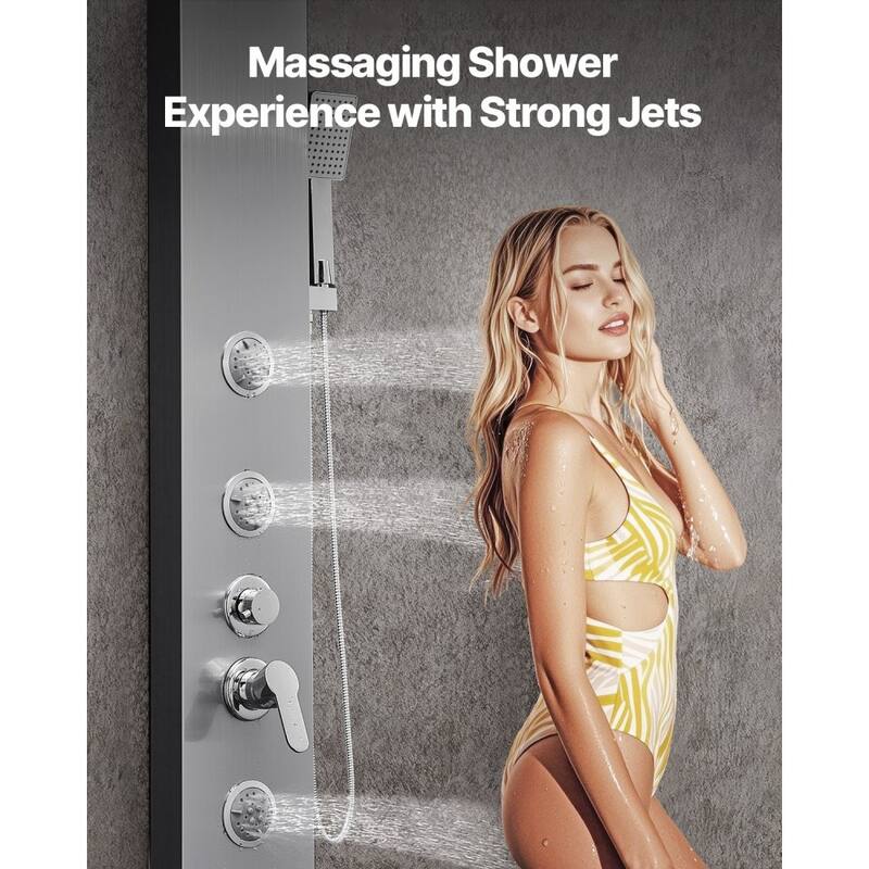 Silver Stainless Steel 5-in-1 Shower Panel Tower System with Rainfall, Waterfall, Jets and Handheld - 53.0x 7.9x 18.1 inch