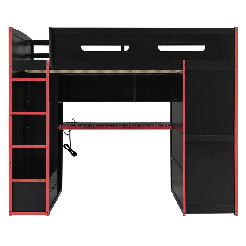 Full Size Wood Loft Bed with Desk, Wardrobe, Ample Storage Space, and RGB Light