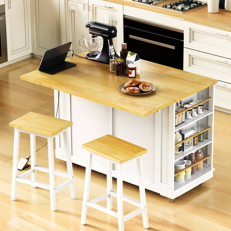Rolling Island Cart with Drop Leaf, Large Kitchen Island on Wheels, Kitchen Cart with Power Outlet & 5 Open Side Racks
