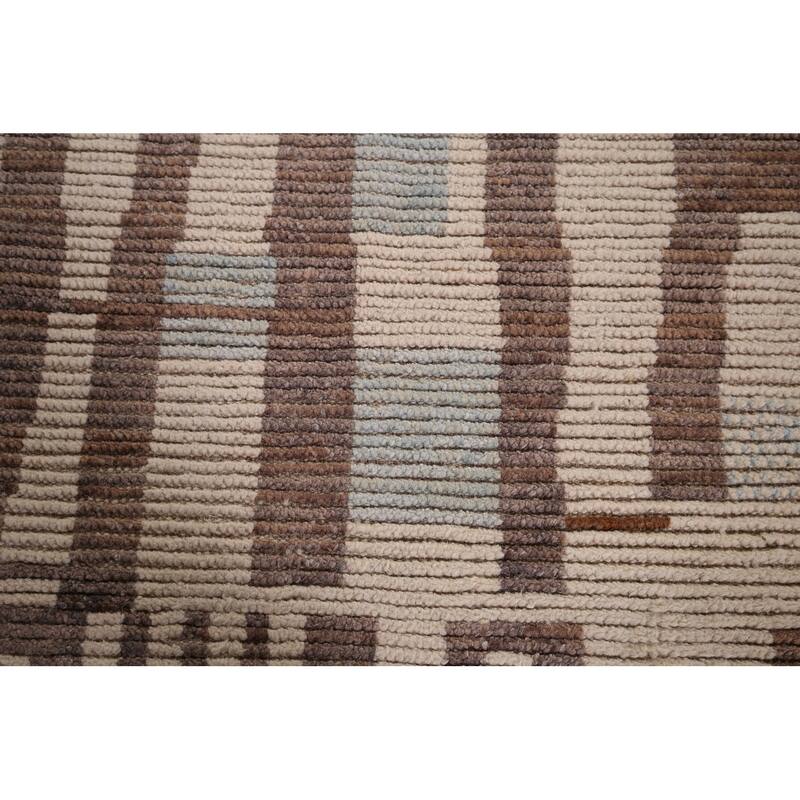 Earth Tone Moroccan Modern Area Rug Hand-Knotted Stripe Wool Carpet - 8'9" x 12'4"