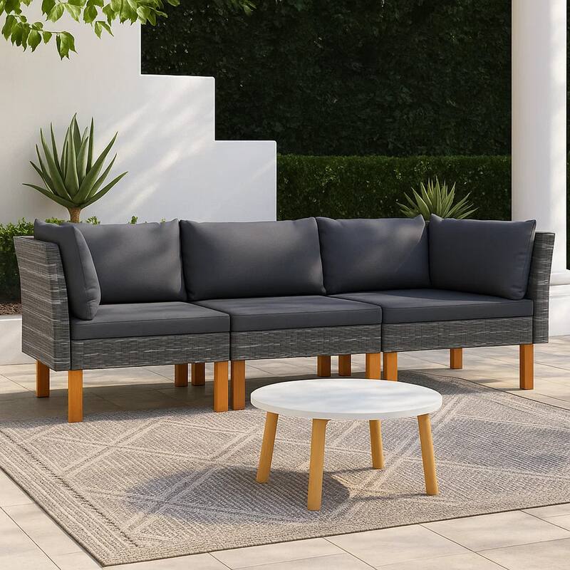 Casey Modular Outdoor Sofa, Gray Rattan, Brown Wood Legs, 25 Inch