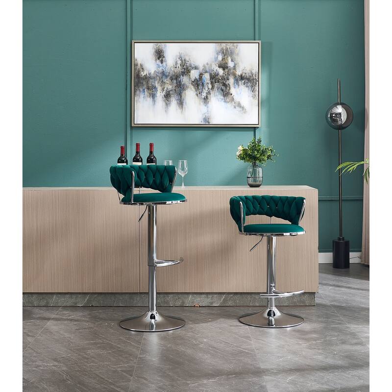 Adjustable Height Velvet Bar Chairs with 360° Swivel, Chrome Legs and Footrest, Contemporary Barstools for Dining or Counter Use - Green