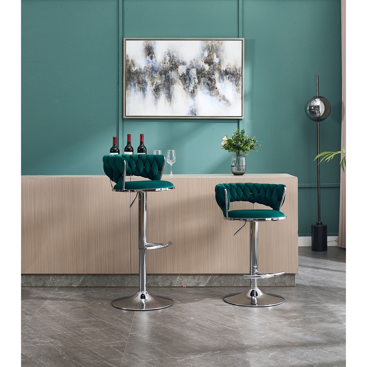 Set of 2 Adjustable Swivel Bar Stools, Green Velvet with Chrome Footrest & Chrome Legs