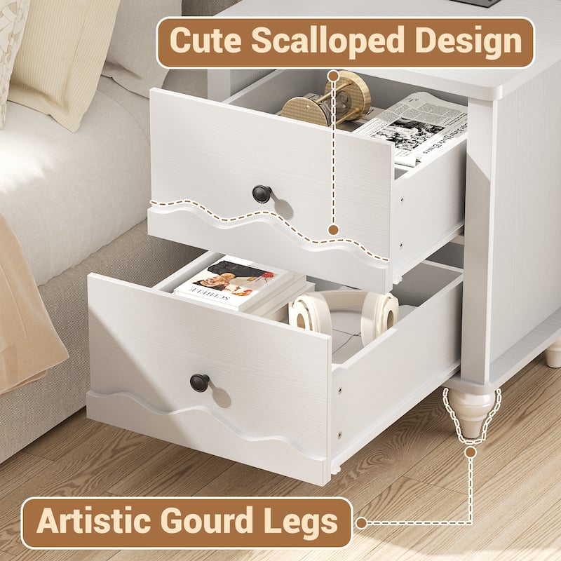 Modern Nightstand with Charging Station, Side End Table with 2 Drawers