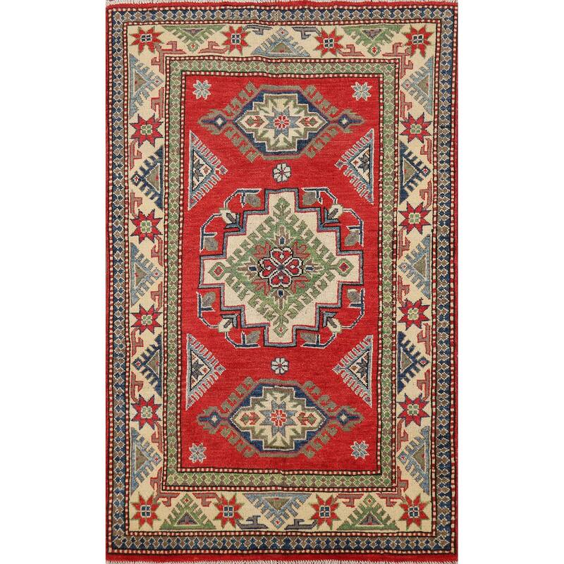 Kazak Accent Rug Handmade Traditional Red Wool Carpet - 3'3" x 5'6"