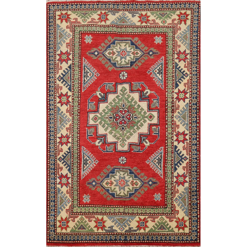 Kazak Accent Rug Handmade Traditional Red Wool Carpet - 3'3" x 5'6"