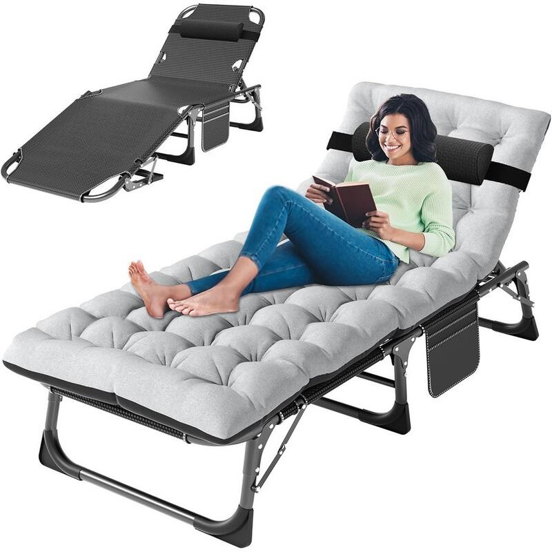 3-in-1 Patio Lounge Chair, Folding Heavy Duty Chaise - Jet Black With Grey Pad