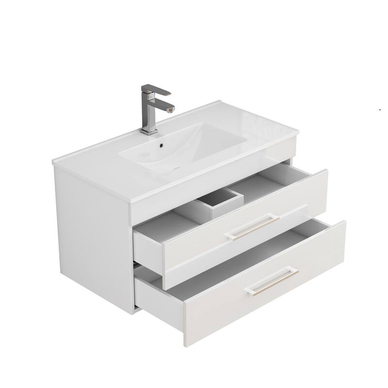 36-Inch White Gloss Wall-Mounted Bathroom Vanity with Double Drawers, Soft-Close System,Ceramic Sink,Long Metal Handle