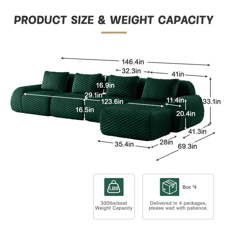 146" Modern L-Shaped Modular Sectional Sofa for Living Room,Flannelette Fabric,Oversized 4-Seater Couch