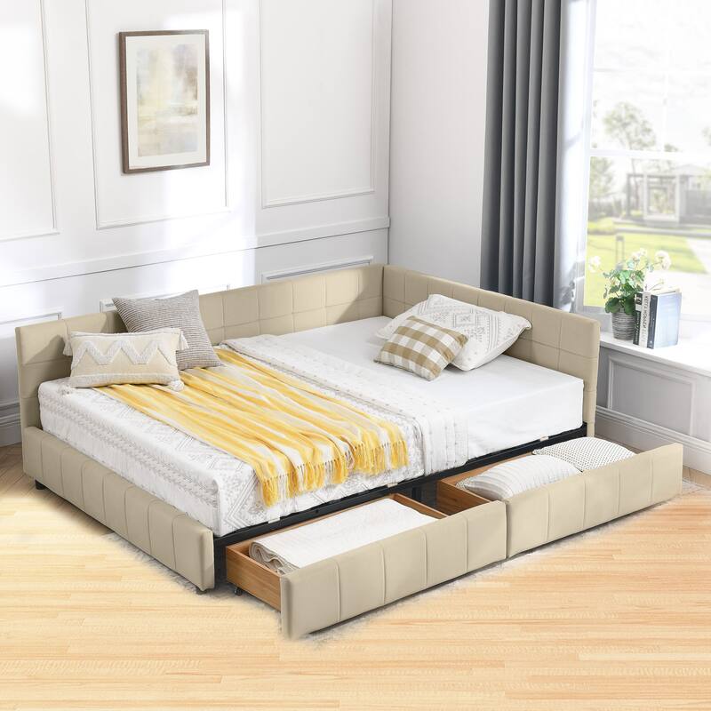Mid-Century Full Size Daybed with Velvet Upholstery and Storage Drawers - Beige - Full
