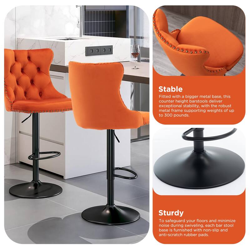 Velvet Adjustable Swivel Counter Height Barstools Set of 2