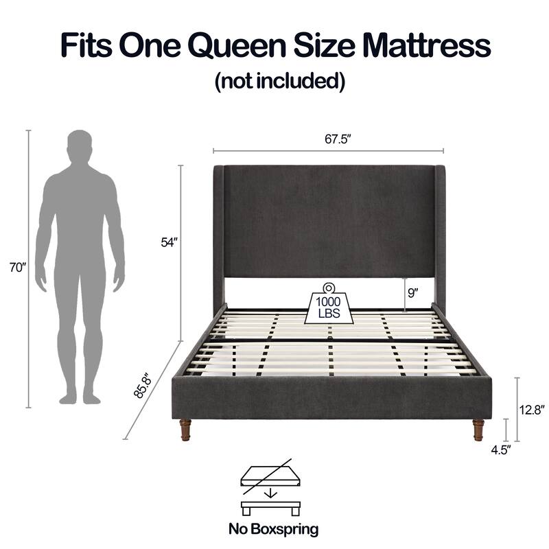 Modern Upholstered Platform Bed with Wingback Headboard