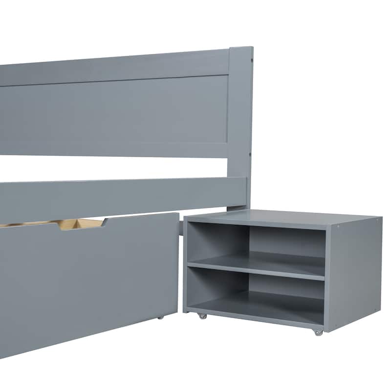 Full Size Modern Platform Bed with Drawer and Two Storage Shelves