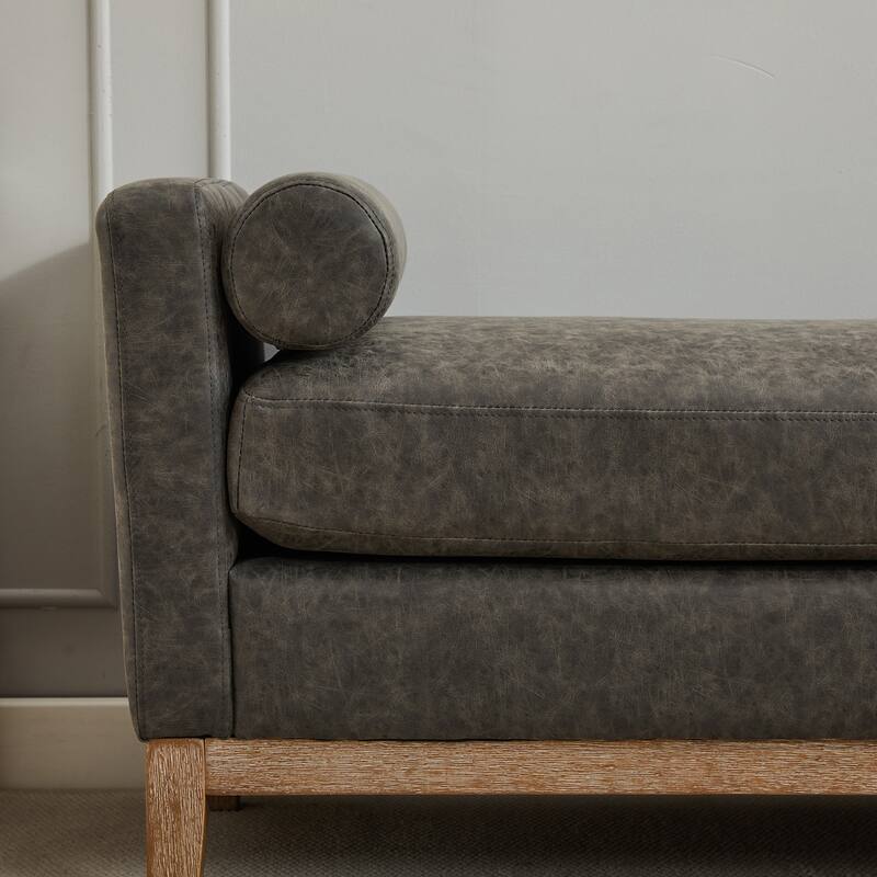 66.34" W Upholstered Bench with Pillows End of Bed Ottoman with Wood Legs
