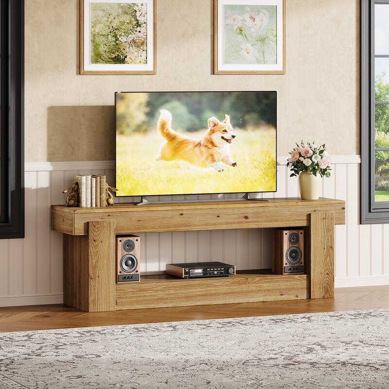 63 Inch Solid Wood TV Stand for TVs Up to 75 inches, Farmhouse Entertainment Center with Storage for Living Room / Bedroom