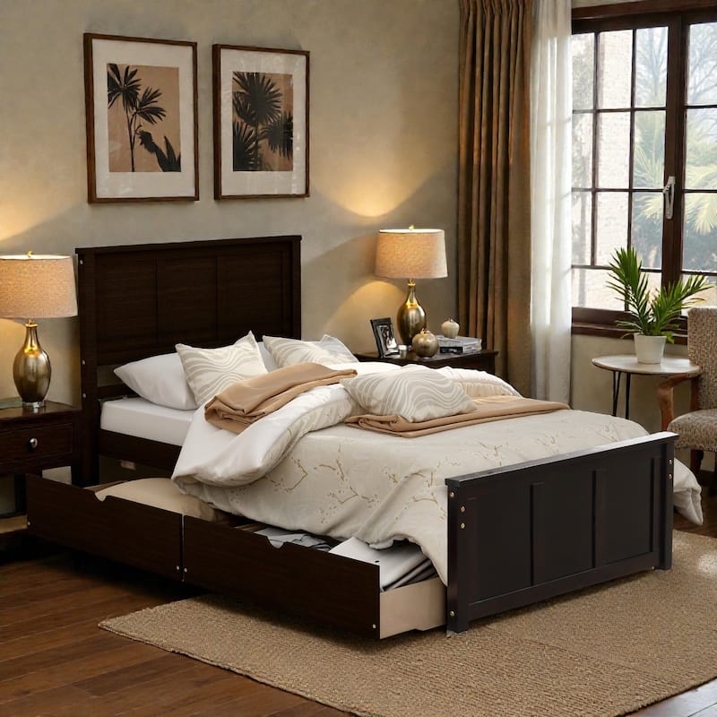 Twin Size Platform Storage Bed with 2 Drawers, Solid Wood & MDF Frame, Under-Bed Rolling Drawers, No Box Spring Needed - Espresso - Twin