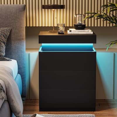 Bedroom Nightstand with Charging Station and LED Lights Sliding Top