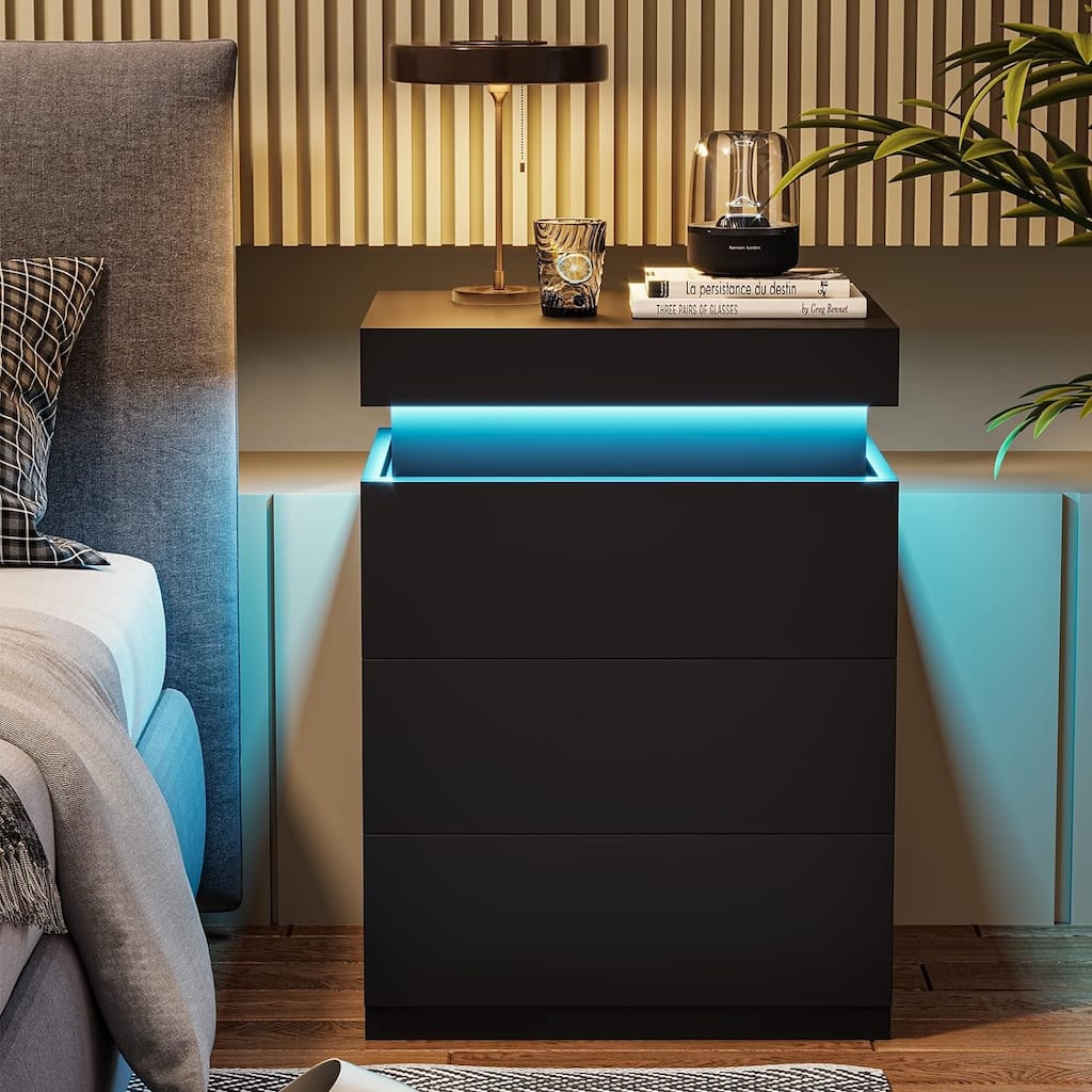 Bedroom Nightstand Charging Station LED Lights Sliding Top Drawers