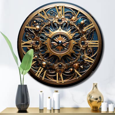 Designart "Gold And Teal 3D Flowers Ancient Seal" Abstract Botanicals Oversized Wall Clock