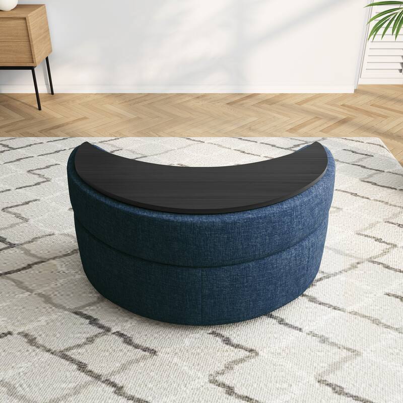 Upholstered Chenille Boucle Half Moon Storage Ottoman with Tray