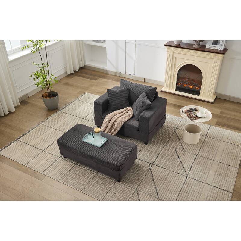 Chaise Lounge Chair with Removable Ottoman, Modern Accent Armchair Corduroy Sleeper Sofa Chair with Pillows for Living Room