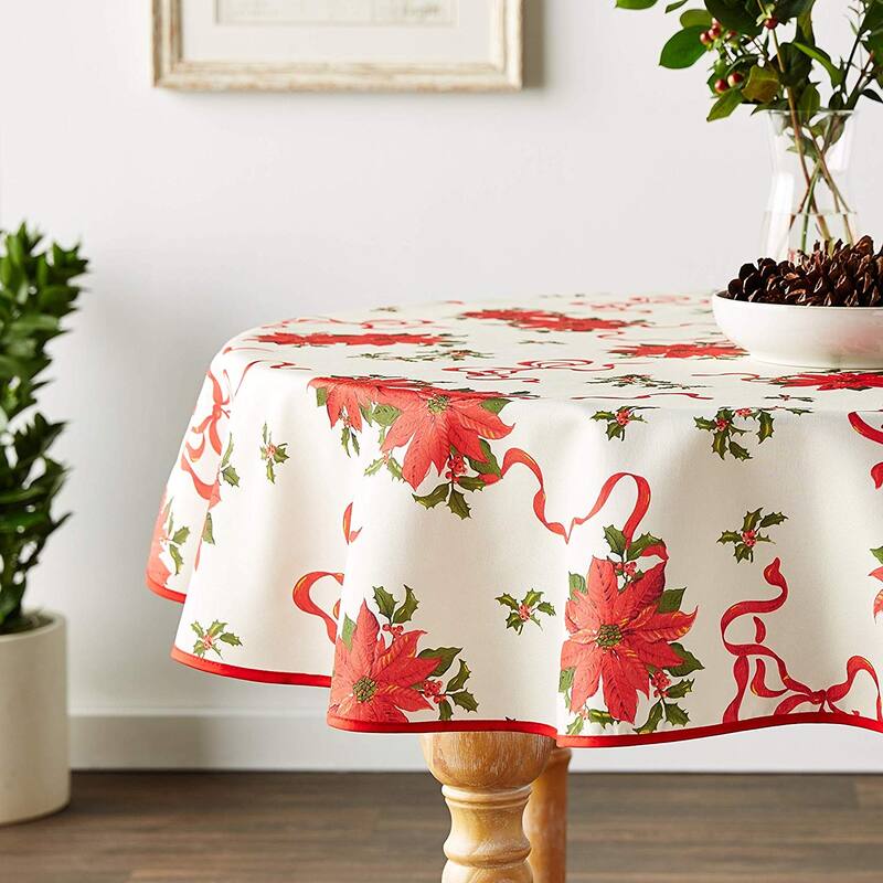 Violet Linen European Christmas Poinsettia Bows and Ribbons Tablecloth - 60" Round - Multi