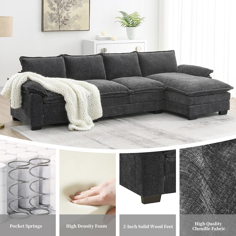 [VIDEO provided][New]118*55" Modern L-shaped Chenille Cloud Sofa with Double Seat Cushions,5-seat Upholstered Indoor Furniture,S
