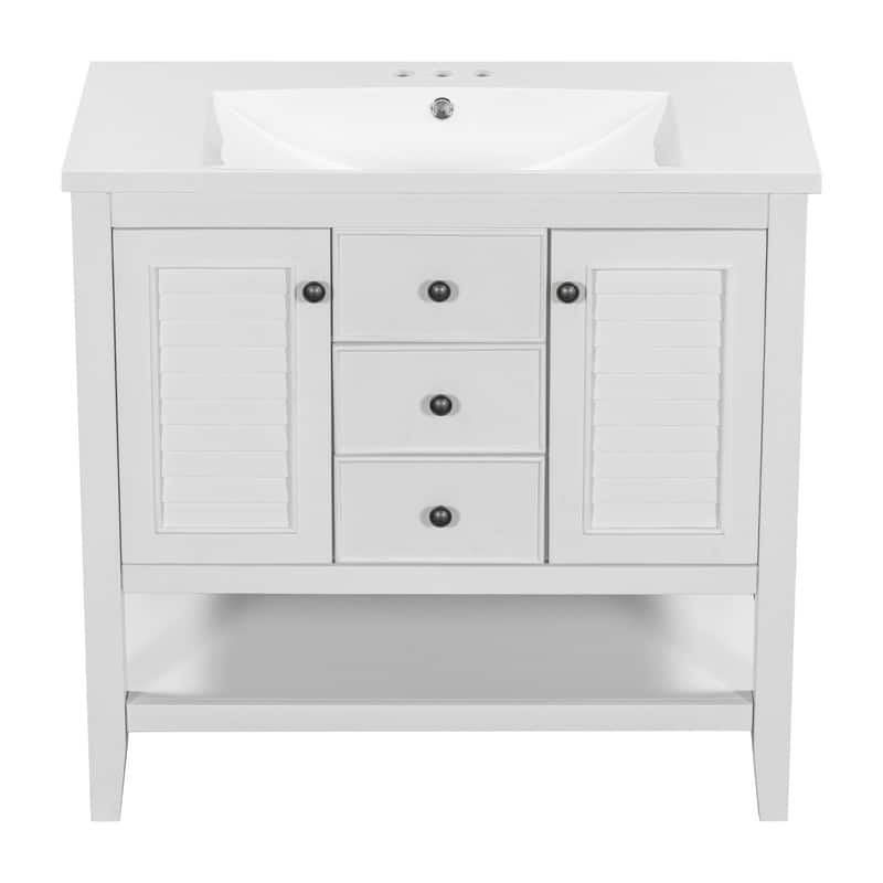 36" Bathroom Vanity with/without Sink, Bathroom Vanity Cabinet with 2 Cabinets and Drawers, Open Shelf, Solid Wood Frame