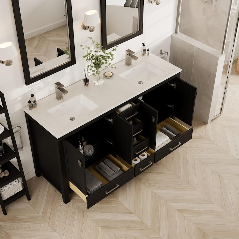 London 60"W Espresso DS Bath Vanity with WH Carrara Quartz Top