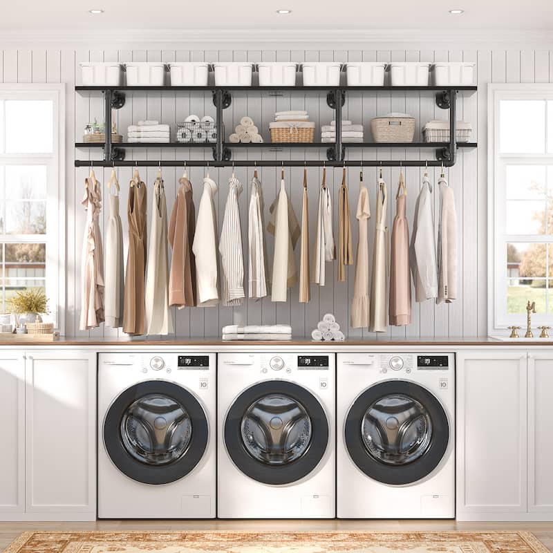 Floating Pipe Heavy-Duty Garment Rack, Wall-Mounted Closet Organizer with Storage Shelves