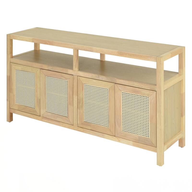 Rattan Buffet Storage Cabinet with Solid Wood Frame, Sideboard with 3-position Adjustable Shelves for Living & Dining Rooms