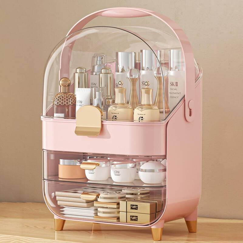 Makeup Skincare Holder Bathroom Counter Storage Box Cosmetic Display Cases - 11.7"D x 11.7"W x 15.6"H - Pink