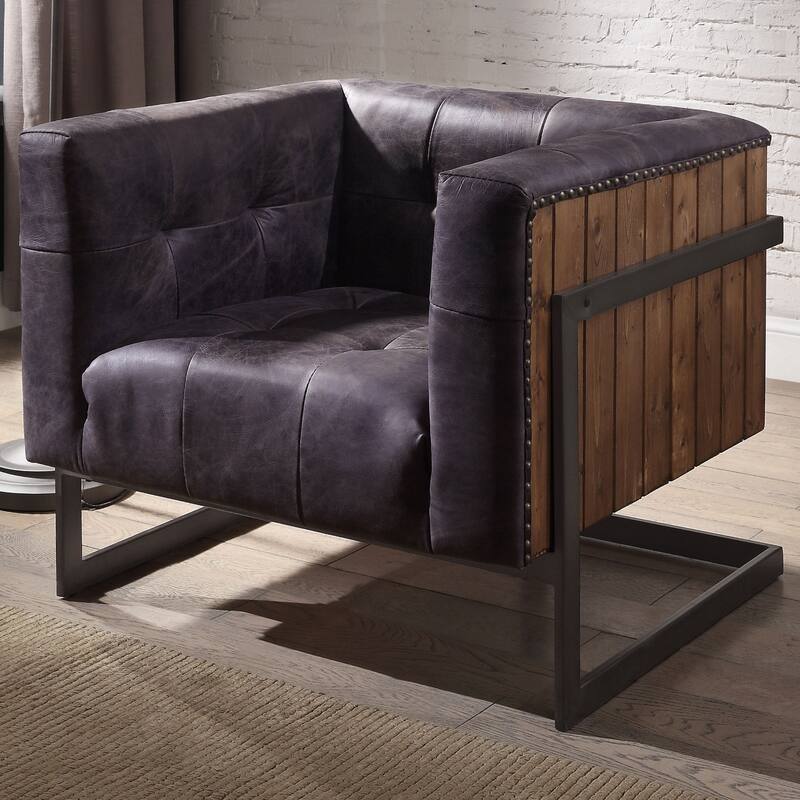 Top Grain Leather Accent Chair with Tight Back in Antique Ebony and Rustic Oak