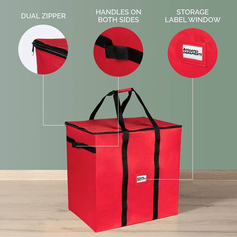 Christmas Ornament Storage Container - Heavy Duty 600D Tear Resistant Material, Zippered, Adjustable Dividers