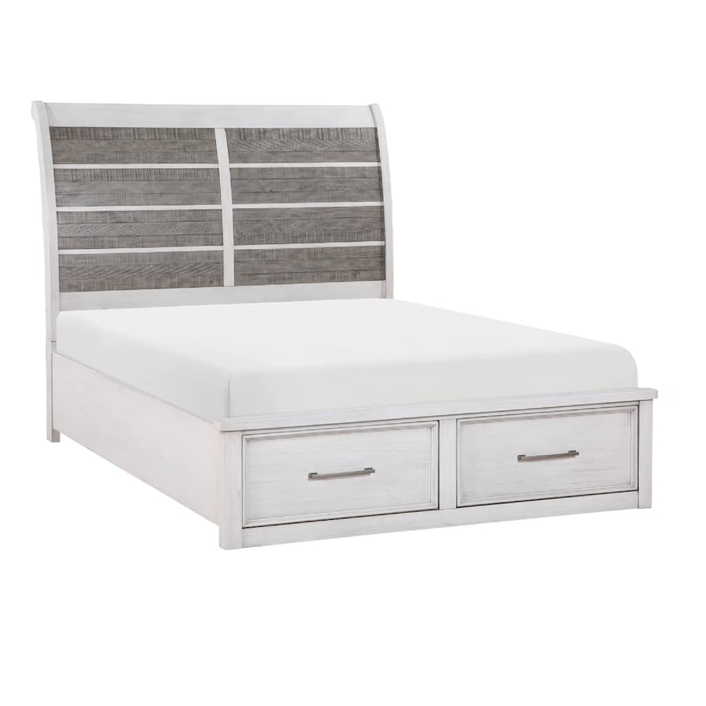 Amby Queen Platform Bed, 2 Footboard Drawers, Antique White and Gray Wood
