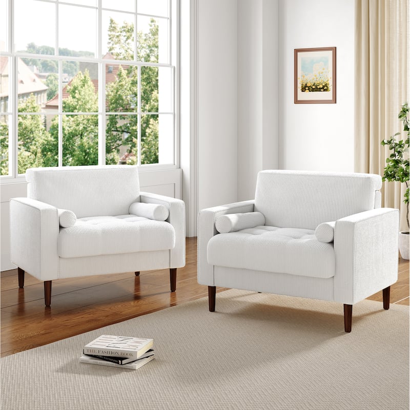 2 Set Modern Wide Armchair Corduroy Accent Chairs - Beige