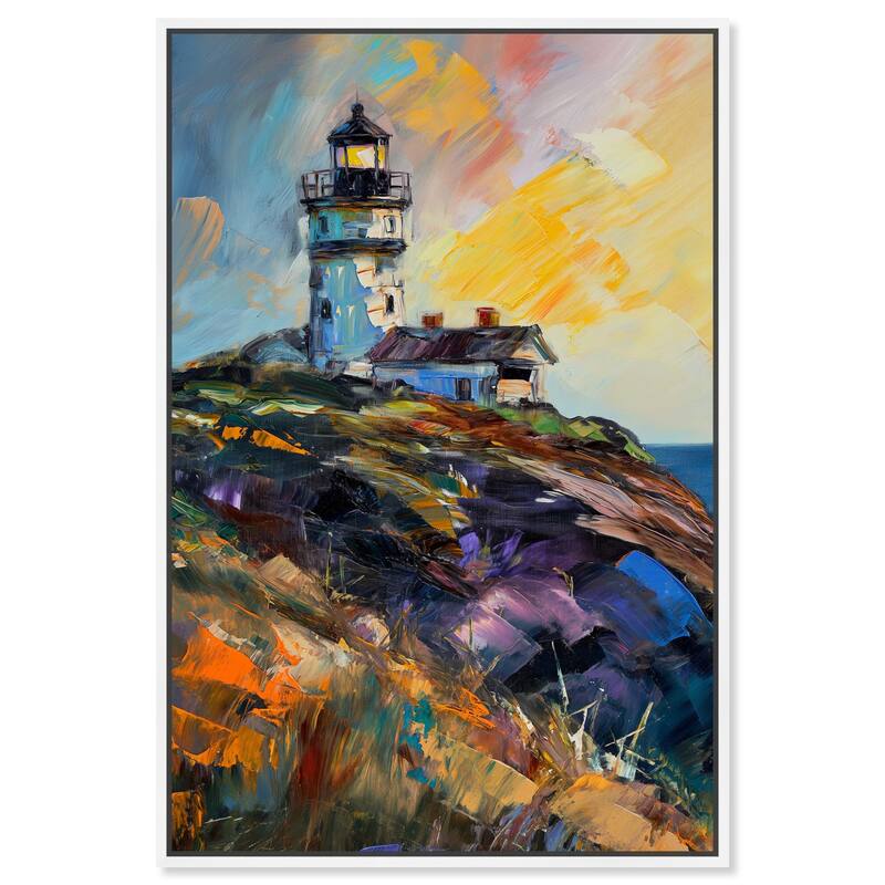 Art Remedy Colorful Lighthouse Framed Impressionism 1 Piece Canvas Wall Art /Monet And Van Gogh Inspired Art - 37 x 55 - White