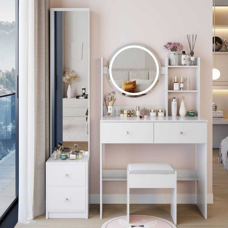 Round Mirror LED Vanity Table, Touch Control Makeup Cabinet, Vanity Set with Full Body Mirror Cabinet & Cushioned Stool