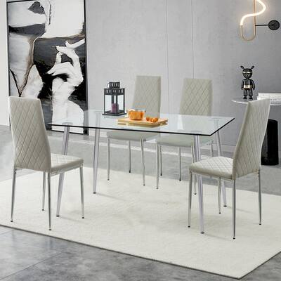 Glass Dining Table, Dining Chair Set, 4 Light Gray Dining Chairs, and 1 Dining Table Table Dimensions