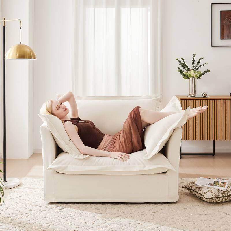 Slip-covered Armchair with Cushions and Pillows, Chenille Fabric, Cream - Multi-Color