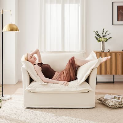 Slip-covered Armchair with Cushions and Pillows, Chenille Fabric, Cream