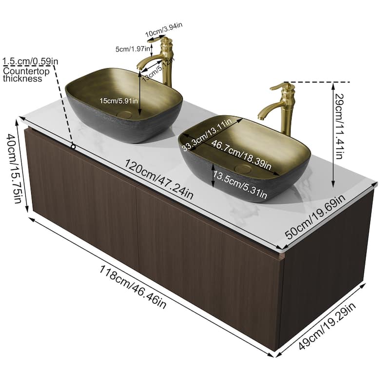 Vintage Vanity Set Wall Floating Bathroom Vanity Sink with Ceramic Basin Faucet Hoses