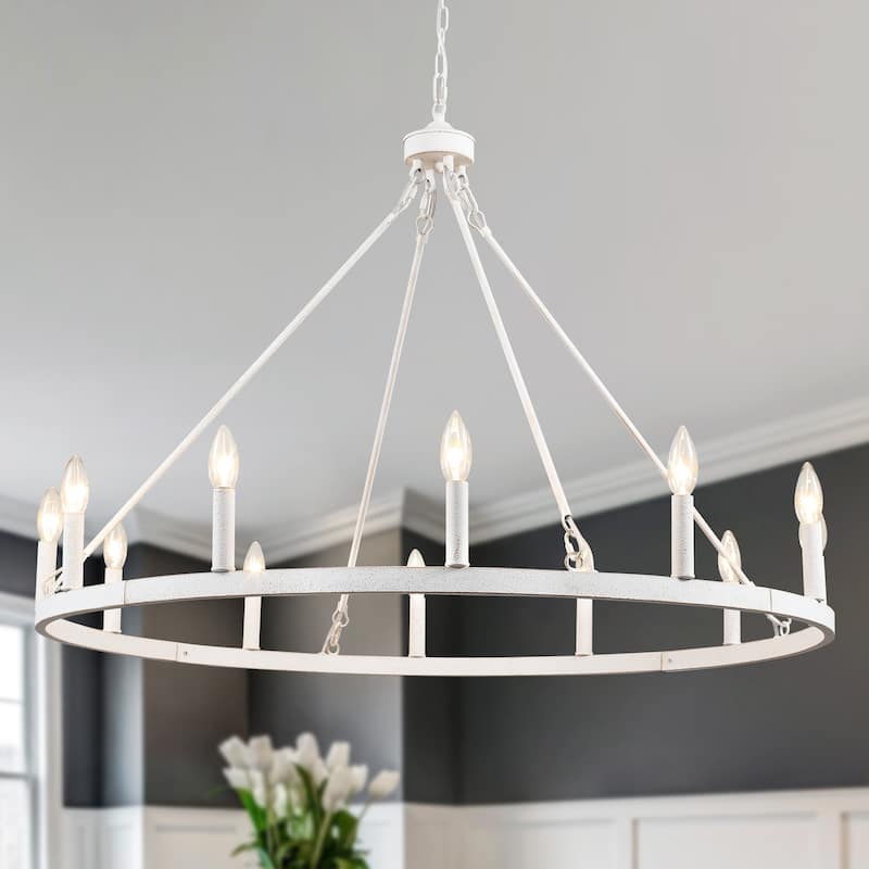 12-light Rustic Farmhouse Wagon Wheel Chandelier for Living Room - W37.99" x H90.55" - N/A - Retro White