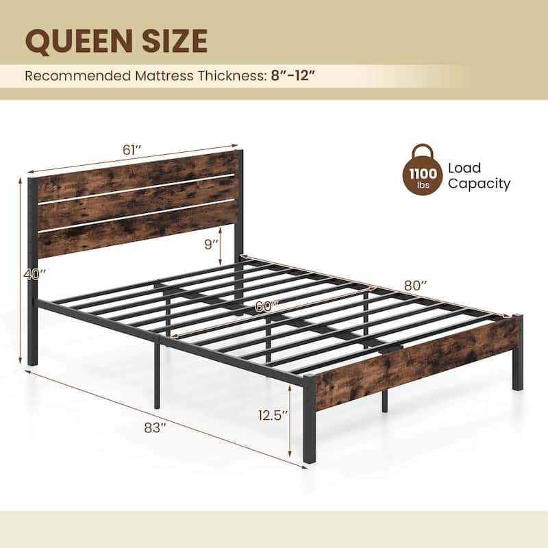 Industrial Metal Platform Bed Frame w/Wooden Headboard - Queen