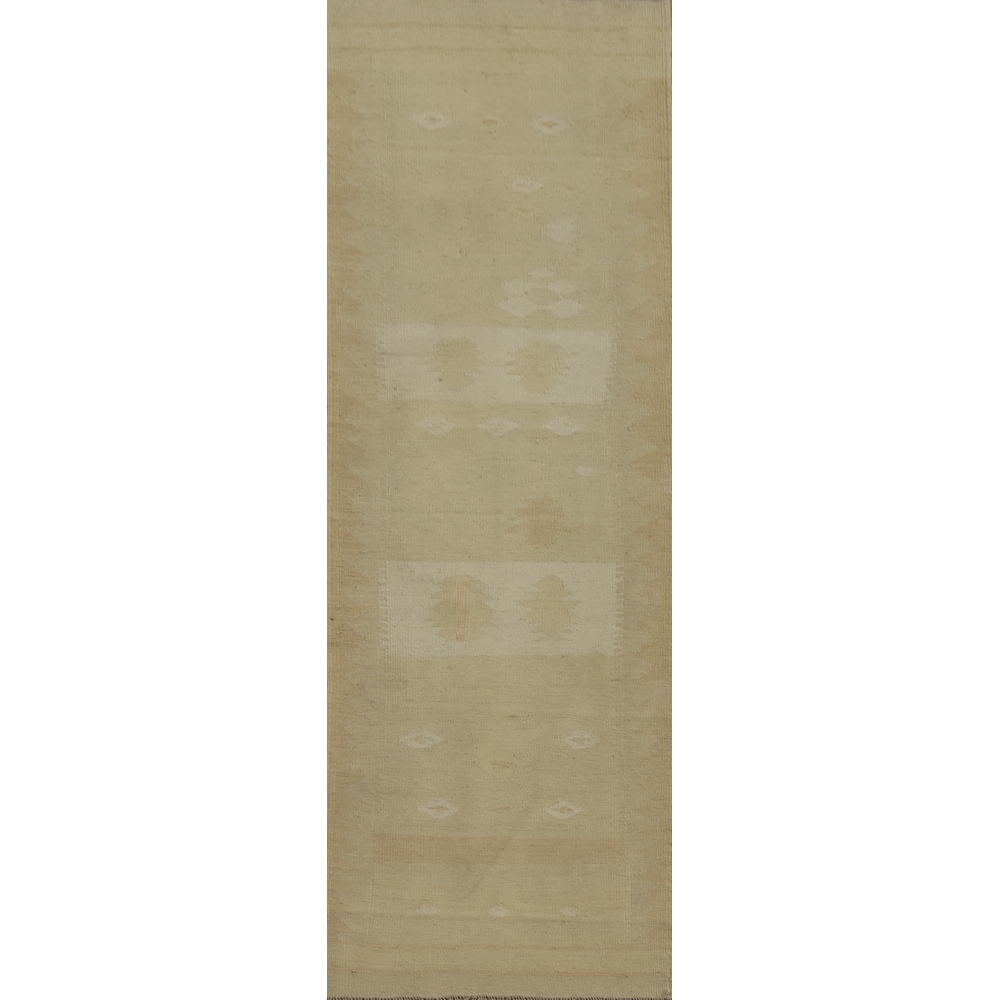 Hand Woven Oriental 100% Wool Carpet Southwestern Tribal Beige & Ivories Kilim Runner Rug - 7' 11'' X 2' 3''